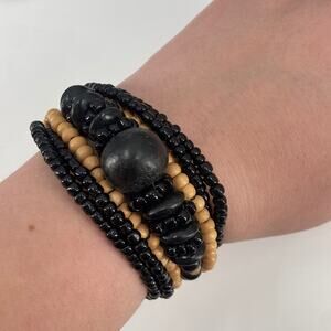 Handmade tribal wooden beaded memory wire cuff bracelet